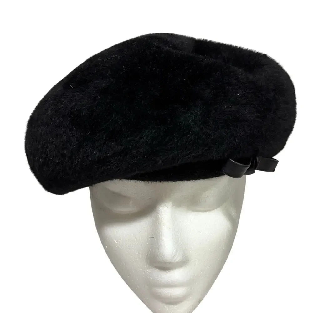Vintage Mid Century Marche Exclusive beret cap hat black fuzzy warm size 23